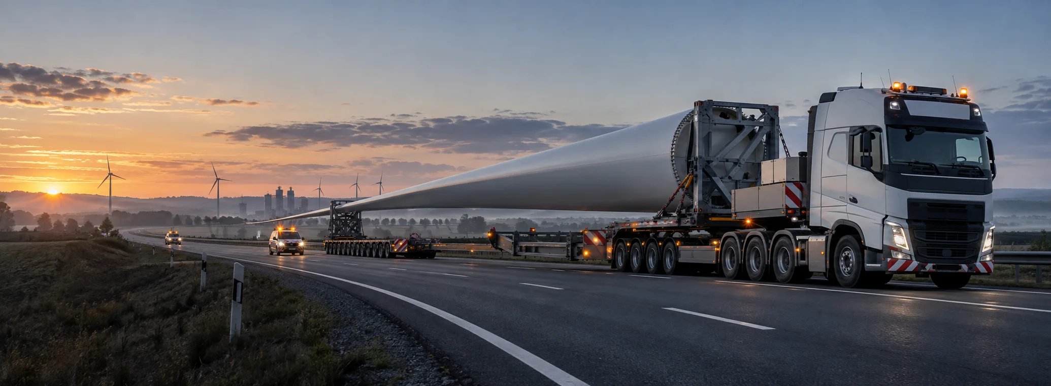 Nadrozměrná přeprava lopatky větrné elektrárny na speciálním návěsu